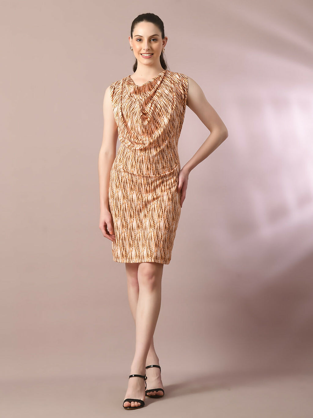 Myshka Women's Multi Printed Cowl Neck Bodycon Party Dress