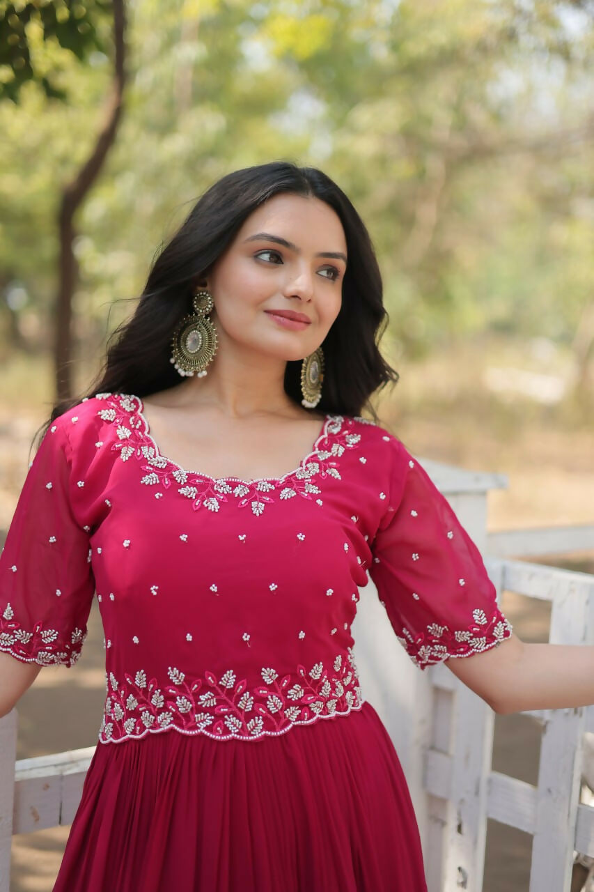 Vastranavya Faux Blooming with Beads embroidery-work Gown - Pink