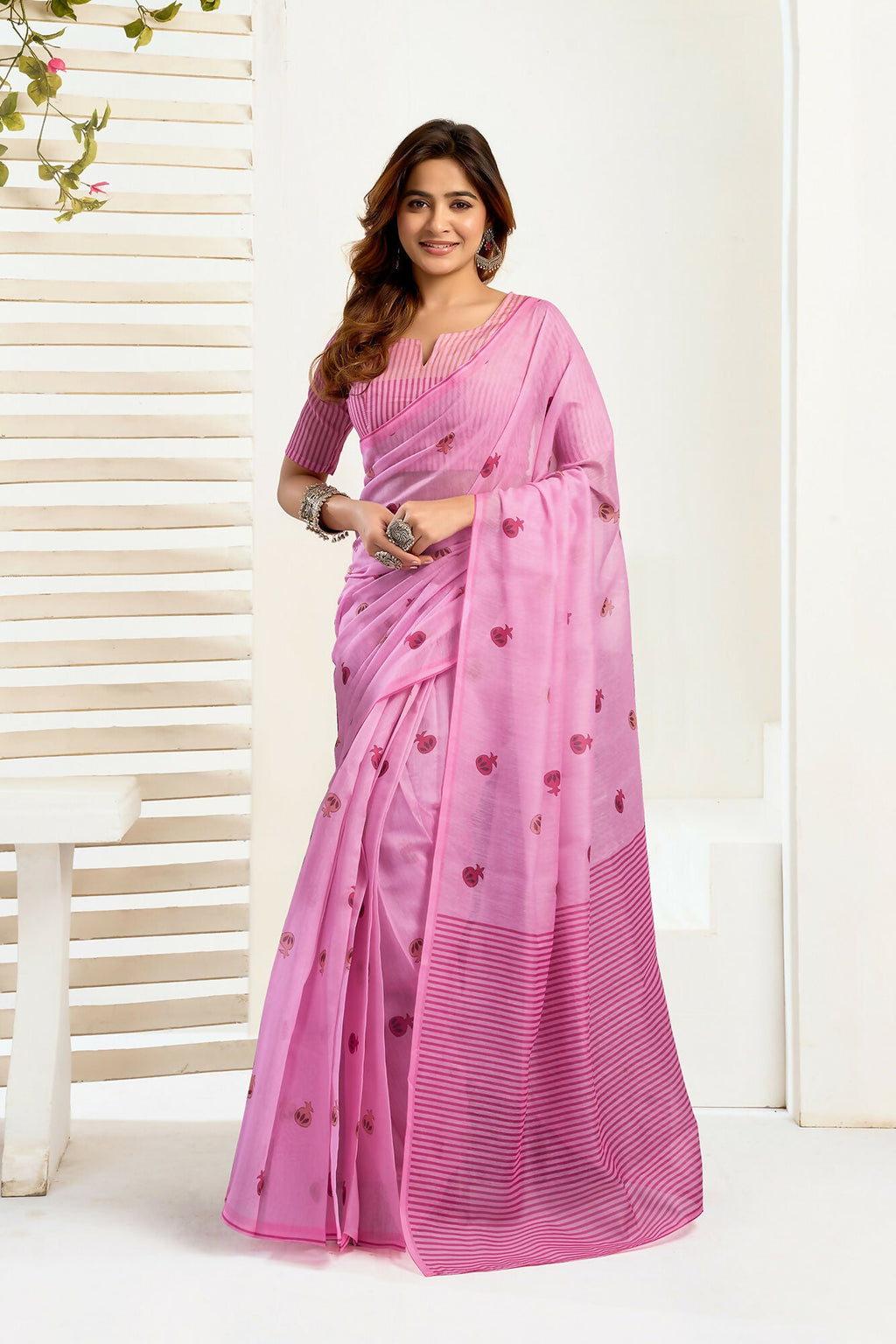 Vastranavya Baby Pink Digital Printed Linen Ready To Wear Designer Saree with Unstitched Blouse