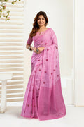 Vastranavya Baby Pink Digital Printed Linen Ready To Wear Designer Saree with Unstitched Blouse