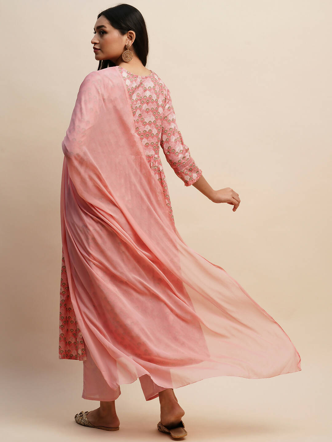 Pink Pure Cotton Floral Printed Naira Cut Kurta And Bottom With Dupatta - Akashara