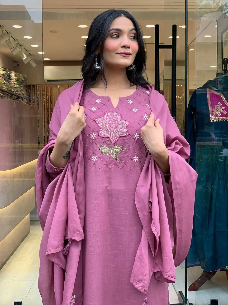 The52 Peach Women's Gorgeous Embroidered Cotton Fabric Straight Kurta Pant with Dupatta Set