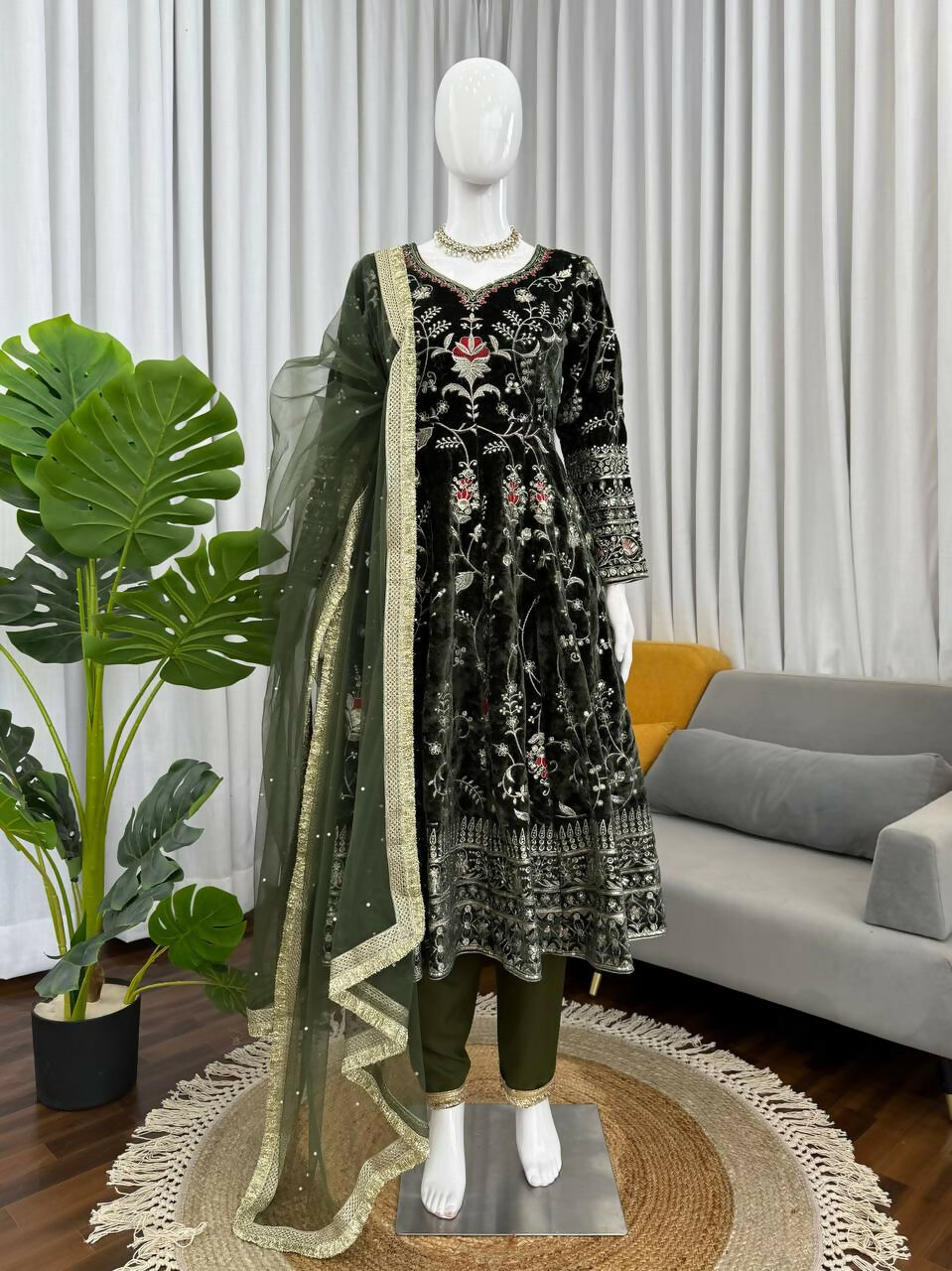 Vastranavya Mehendi Viscose Velvet Thread Sequence Work Top-Bottom With Dupatta