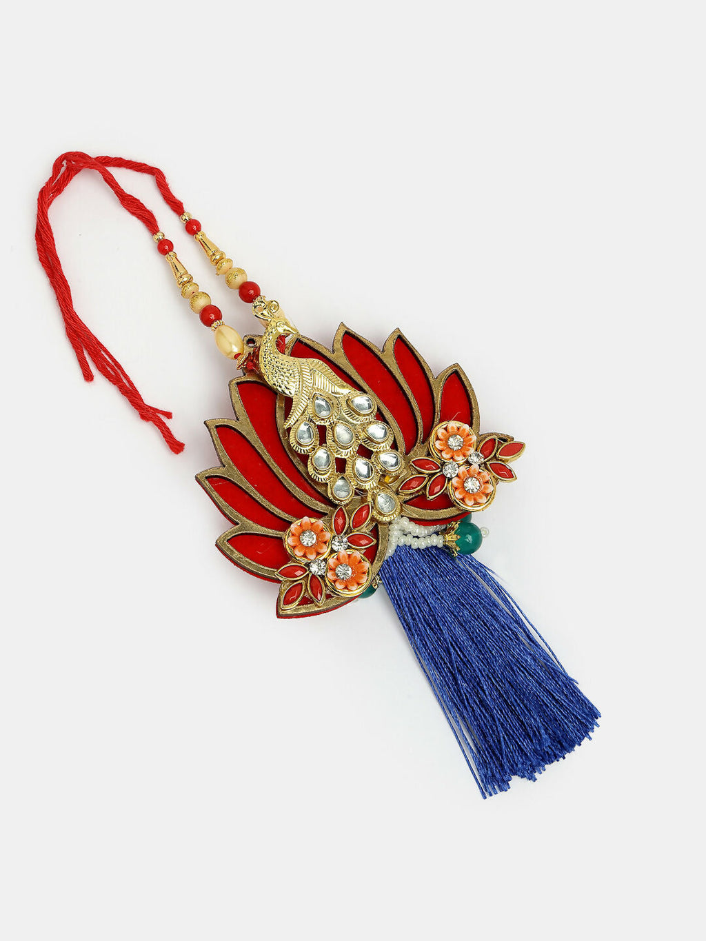 NVR Women & Men Set of 2 Gold-Toned Peacock Design Stone-Studded Bhaiya Bhabhi Rakhi With Roli Chawal & Chocolate