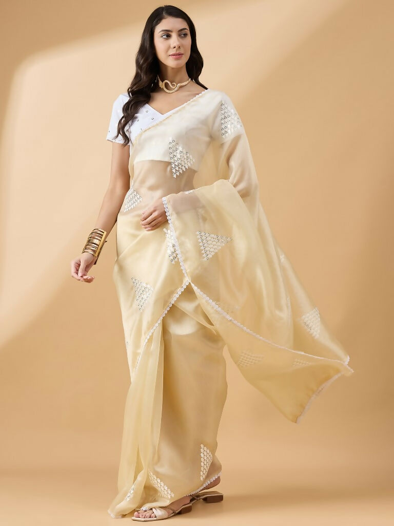 Yellow Tissue Slub Embroidered Saree with Unstitched Blouse - Vairagi