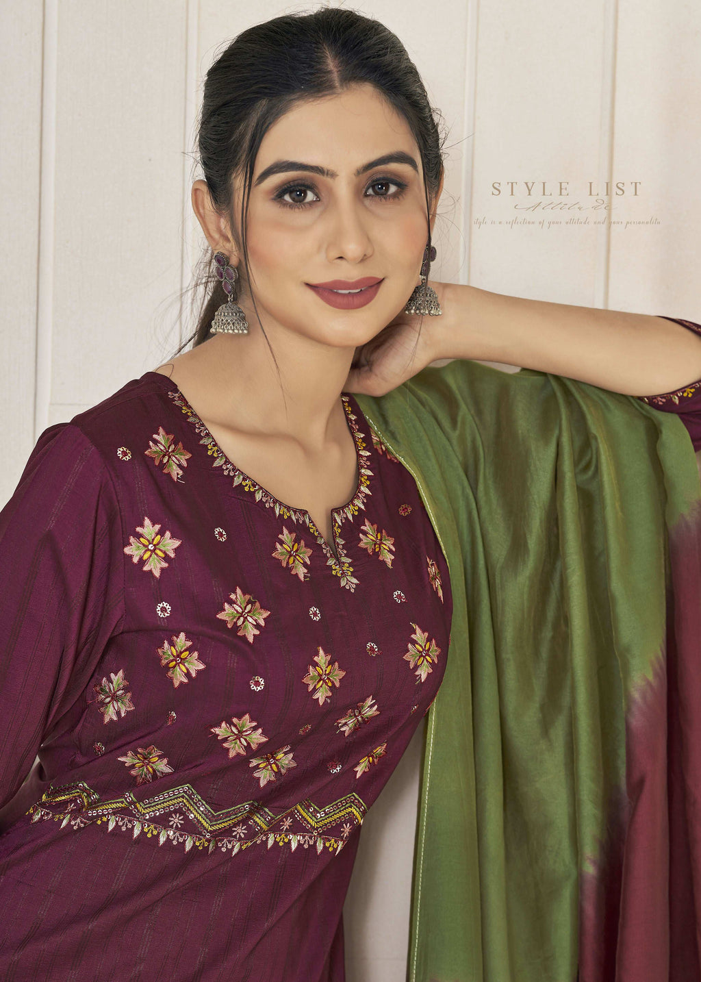 Jyoti Fashion Women's Wine Pure Viscose Weaving Stripe with Embroidery Kurta Set