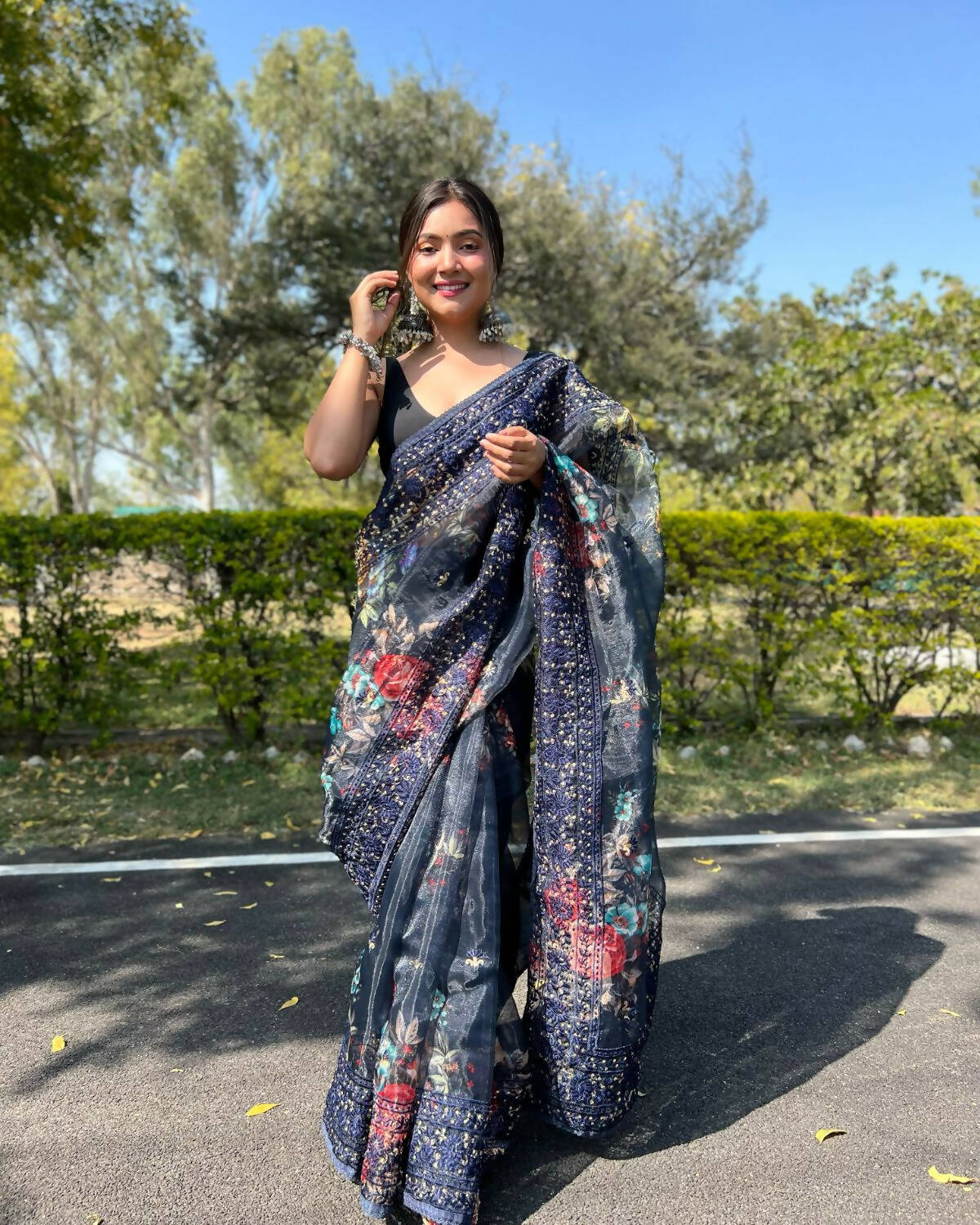 Vamsee Navy Blue Organza Saree