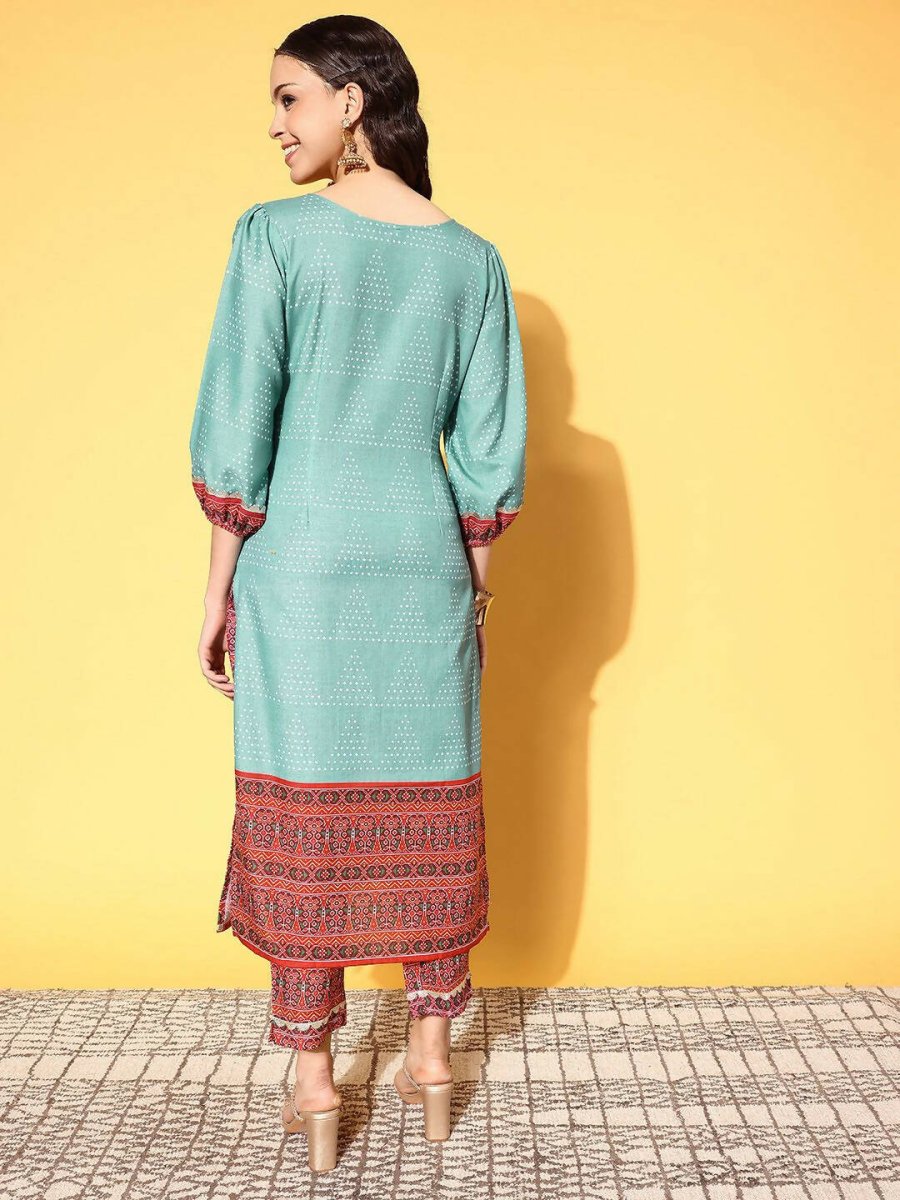 Ahalyaa Women's Teal Cotton Blend Digital Printed Kurta Pant Set