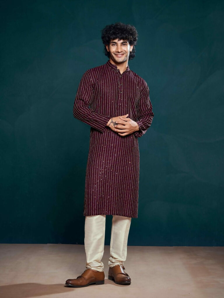 Wine Viscose Designer Sequance Embroidery Work Men's Kurta Set - Mahotsav