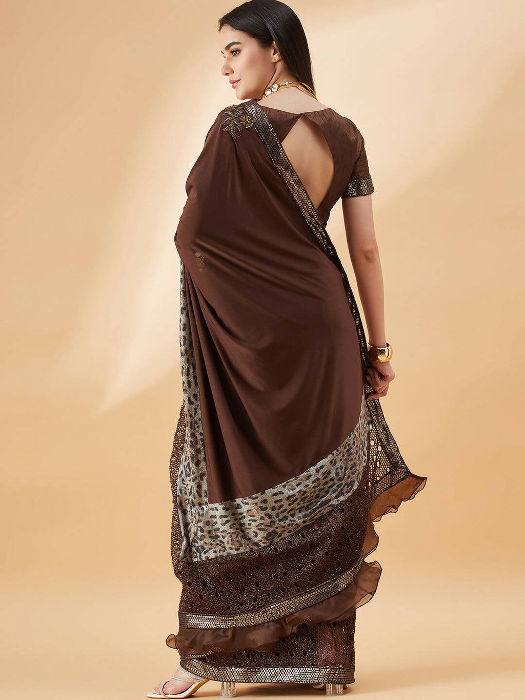 Brown Lycra Animal Print, Fancy Value Addition Fabric Saree - Norita Hit Design