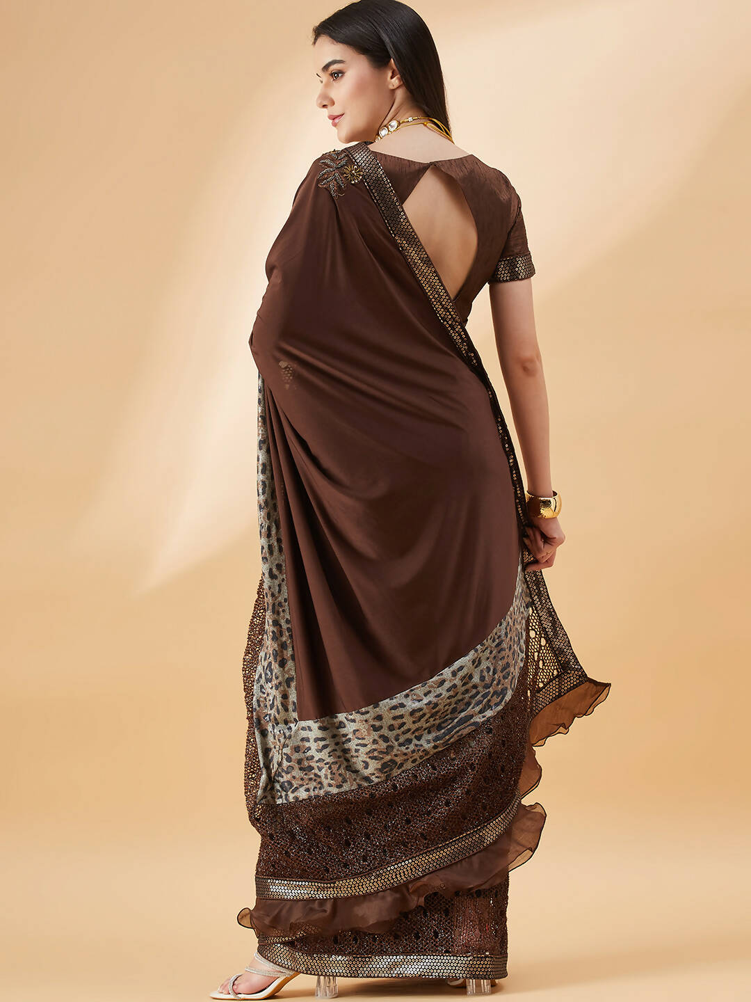 Brown Lycra Animal Print, Fancy Value Addition Fabric Saree - Norita Hit Design