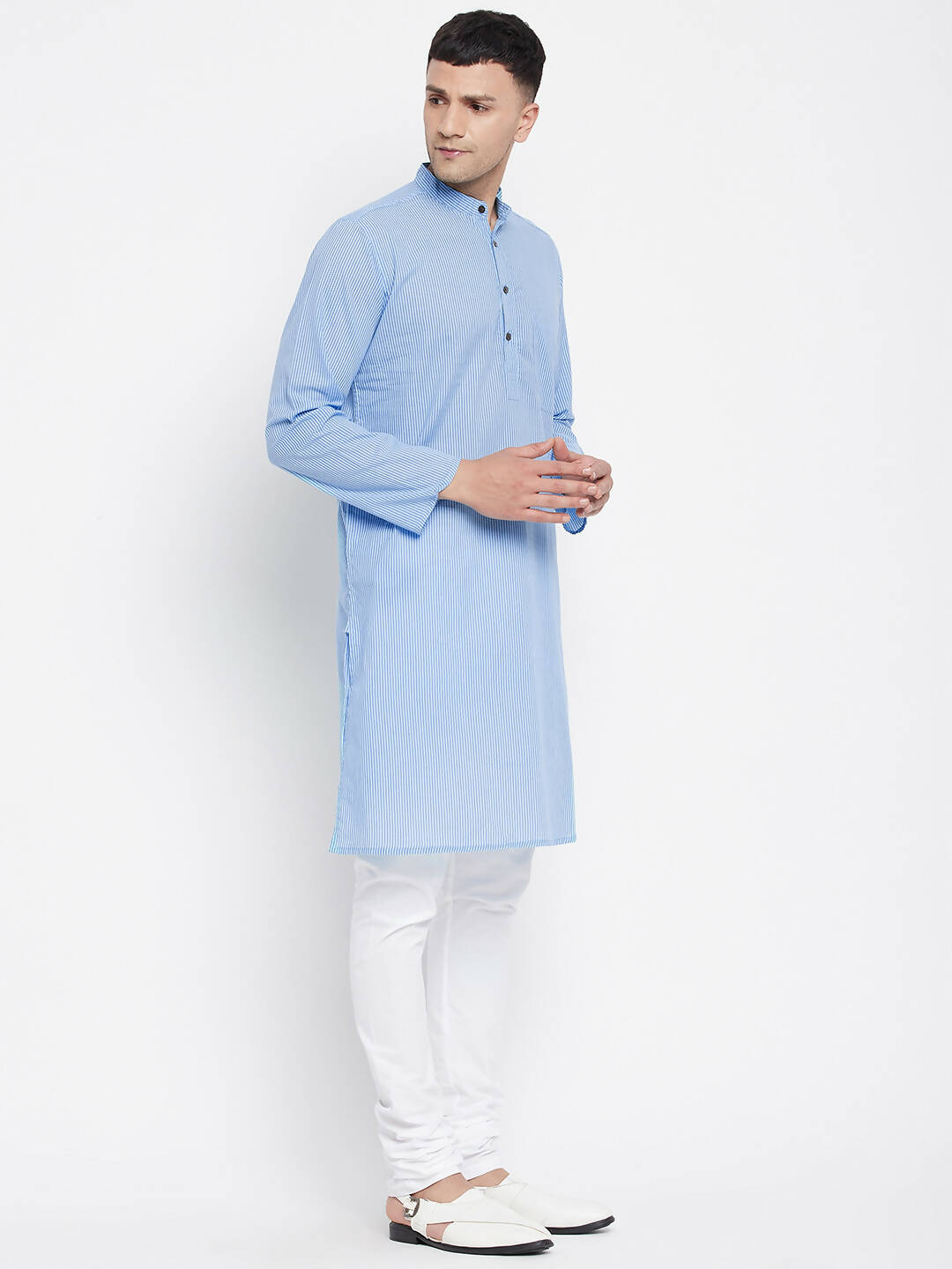Even Apparels Blue Pure Cotton Men's Kurta With Band Collar