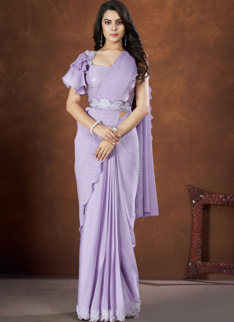 Lavendar Crepe Satin Silk Embroidered Saree with stitched Blouse - Mohmanthan Saha Saki