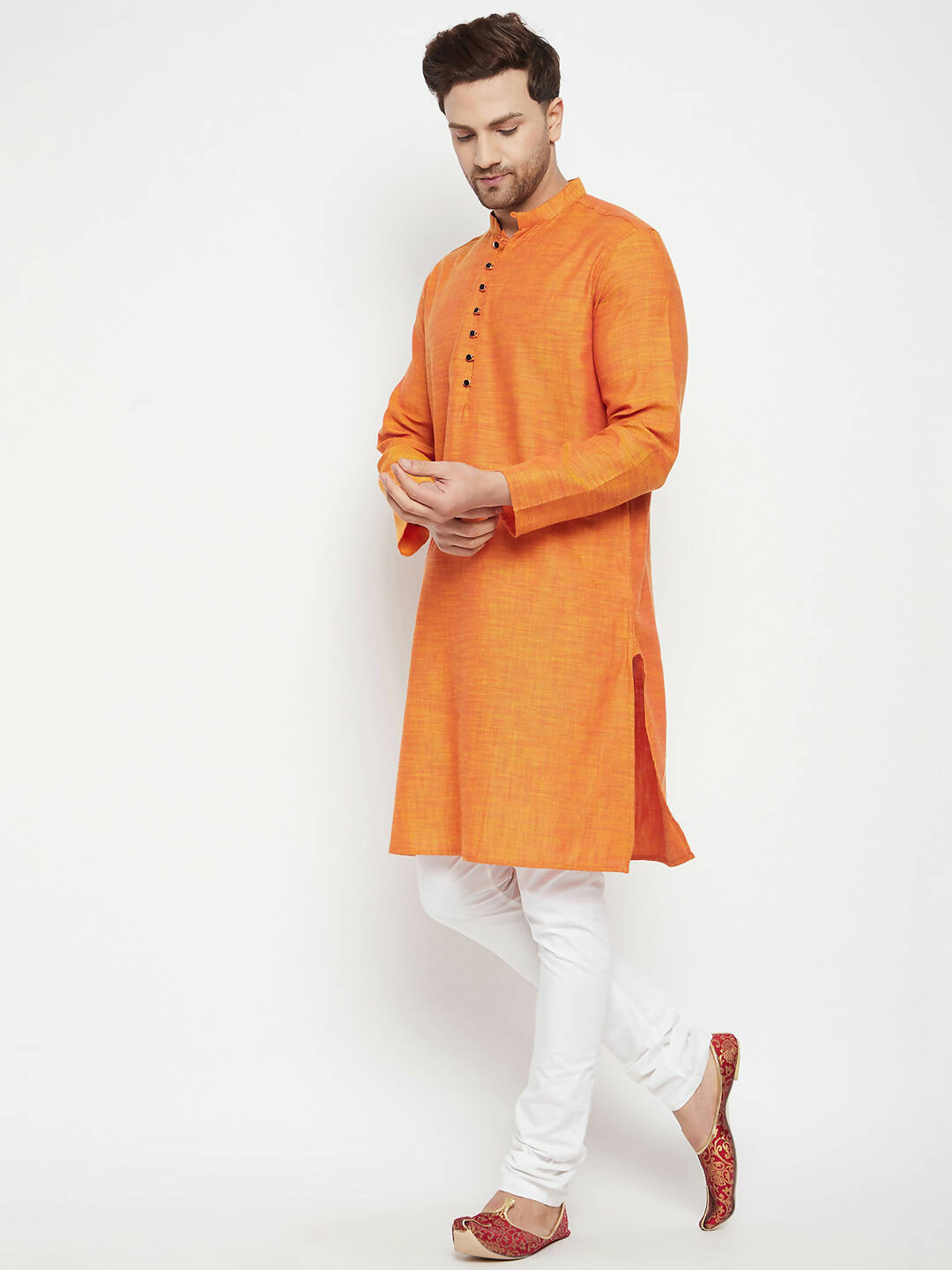 Even Apparels Orange Pure Cotton Long Men's Kurta With Band Collar