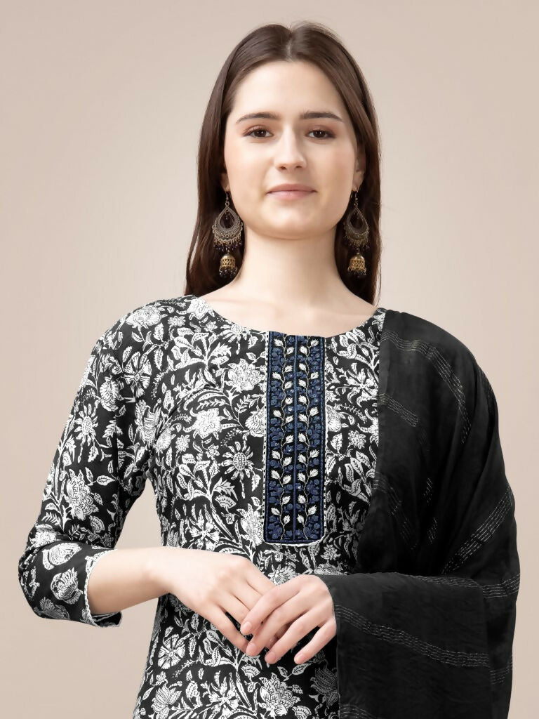 Jyoti Fashion Women's Black Rayon Print with Embroidery & Fancy Lace Work Kurta with Trouser & Dupatta