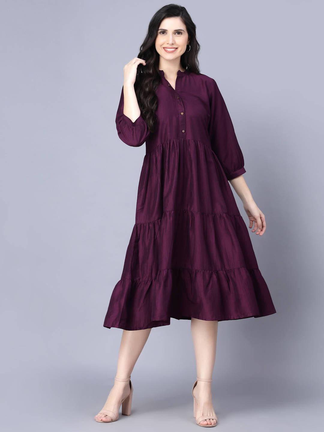 Myshka Silk Solid 3/4 Sleeve V Neck Purple Women Dress