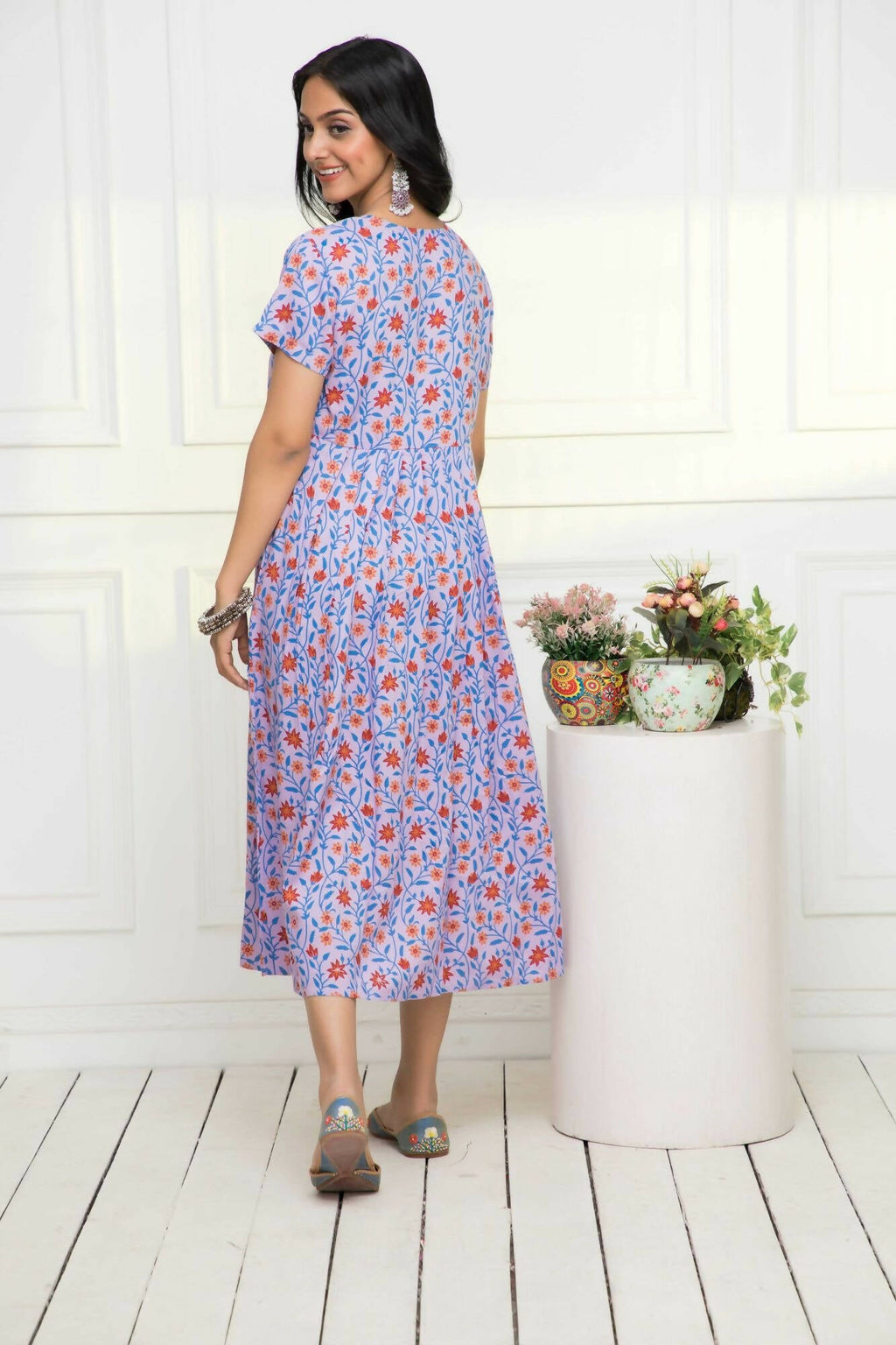 Myshka Women Purple Floral Rayon A-Line Round Neck Dress