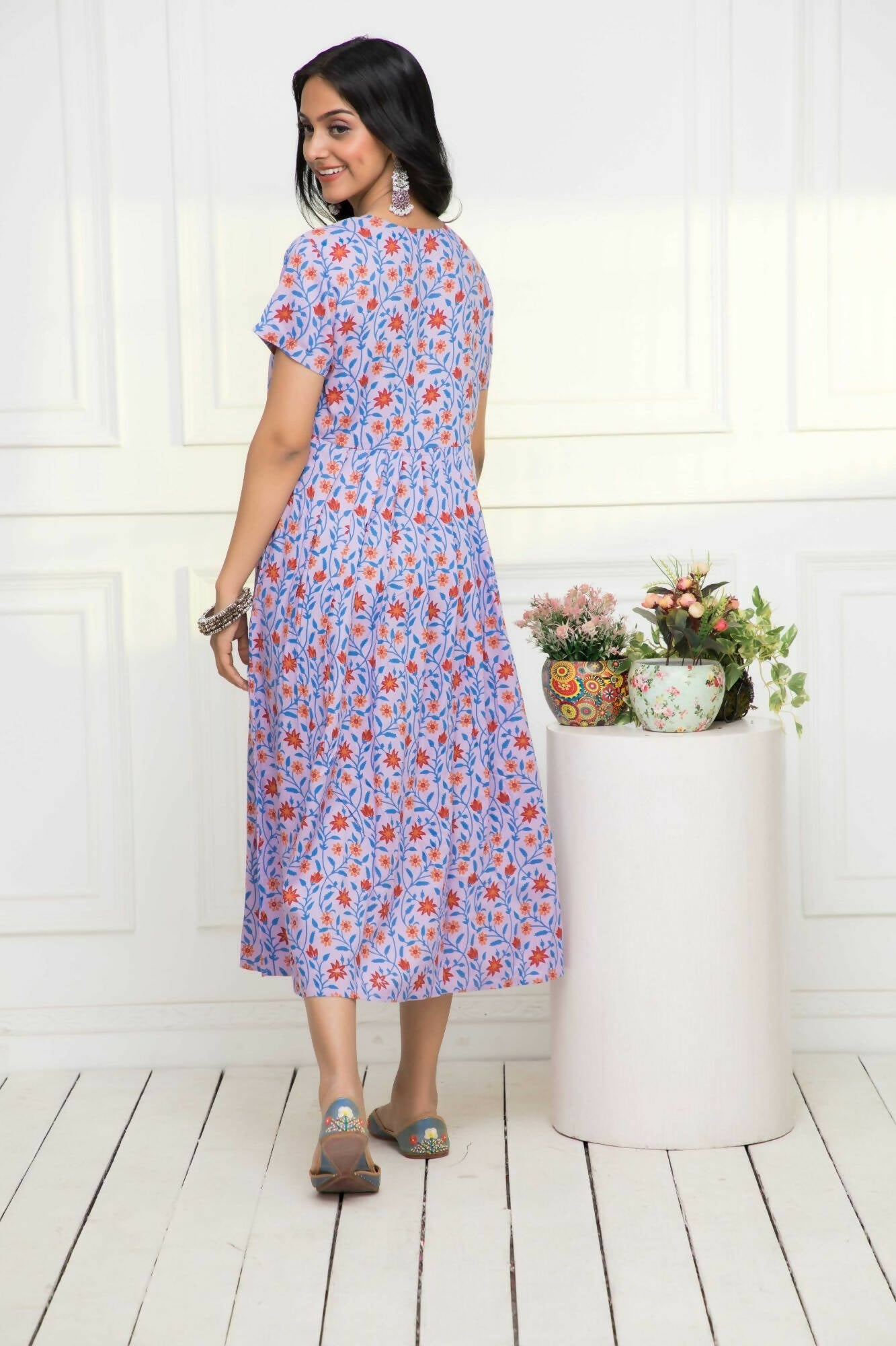 Myshka Women Purple Floral Rayon A-Line Round Neck Dress