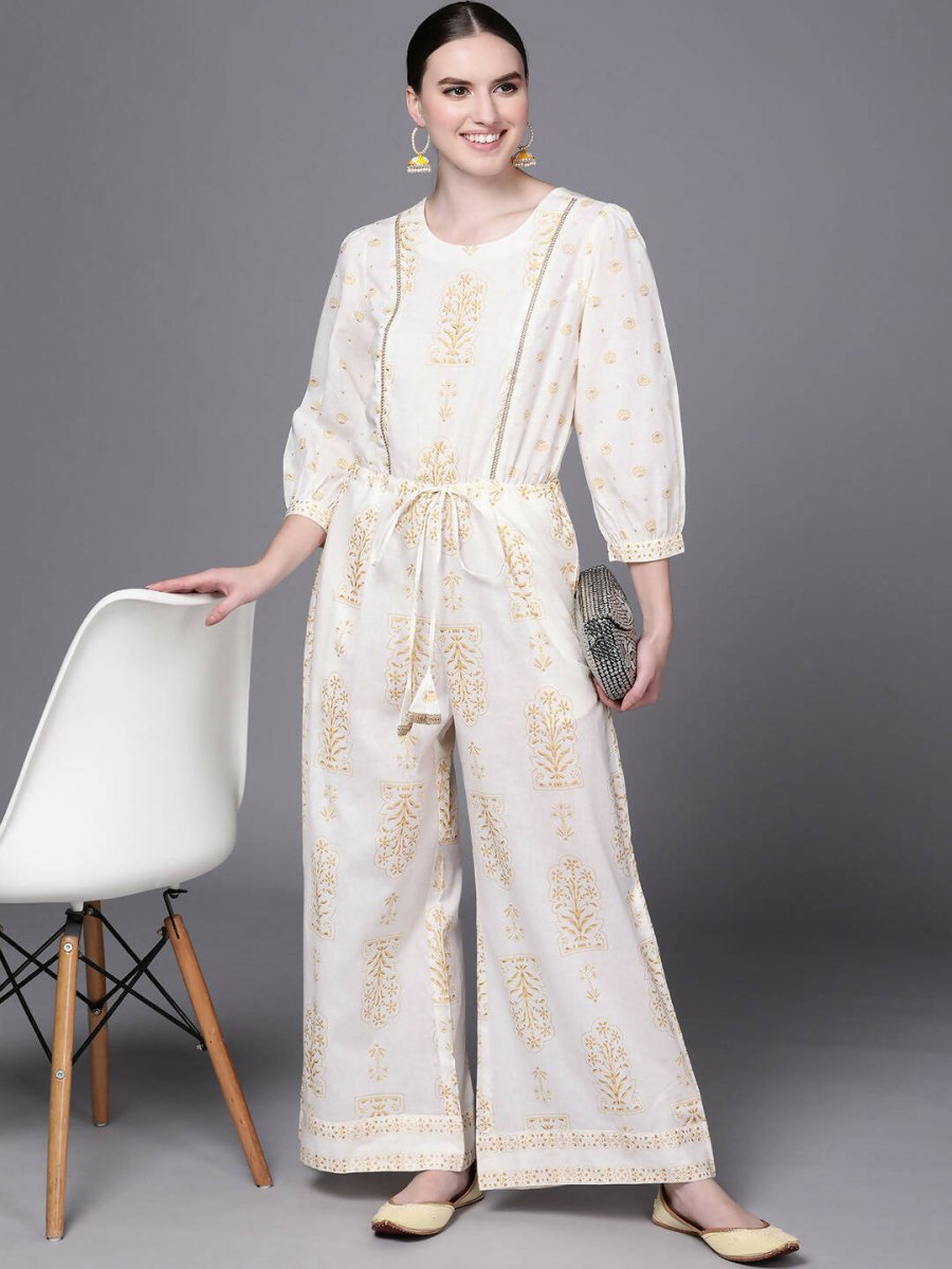 Ahalyaa Off White Printed Basic Jumpsuit