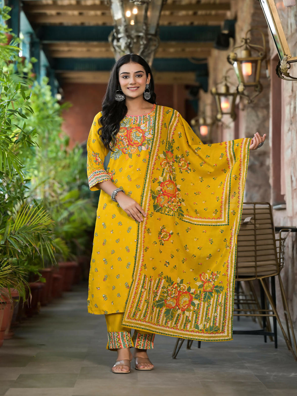 Juniper Women's Mustard Floral Printed Liva Rayon Kurta Pant And Dupatta Set With Sequins