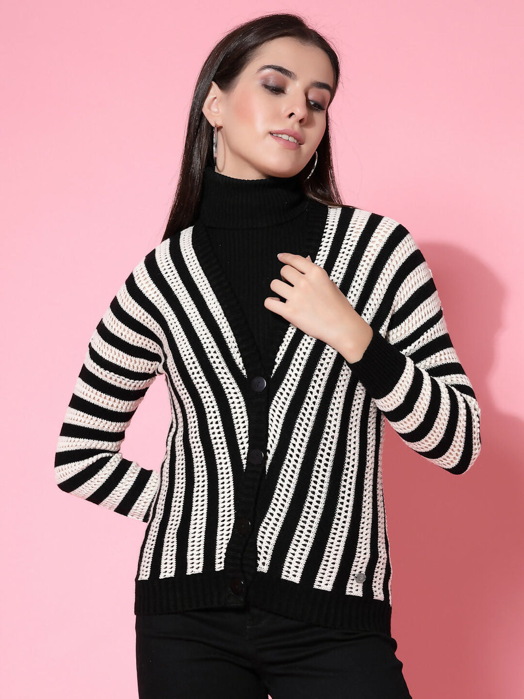 Women Black Acrylic Stripe Cardigan - Wool Trees
