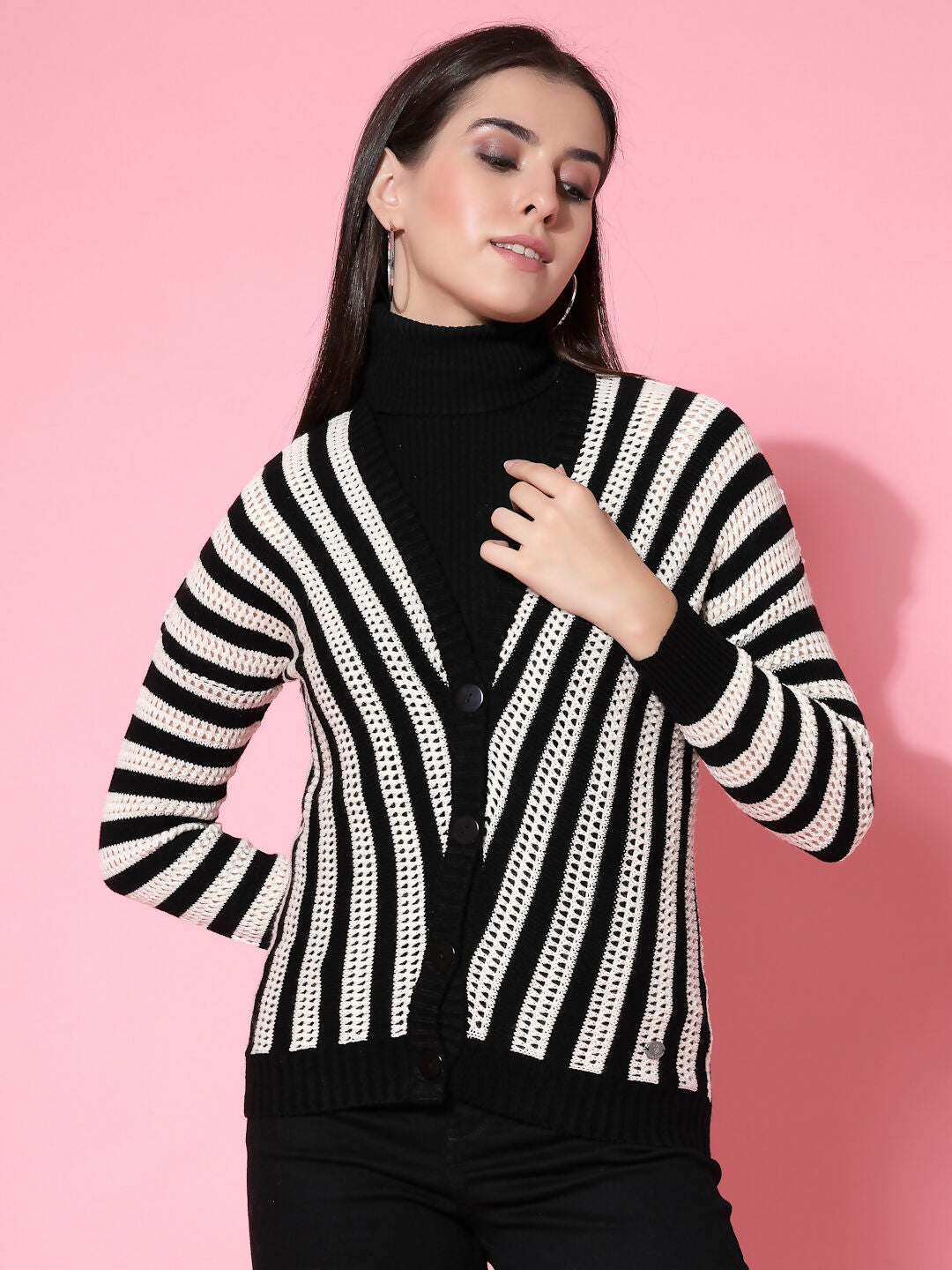 Women Black Acrylic Stripe Cardigan - Wool Trees