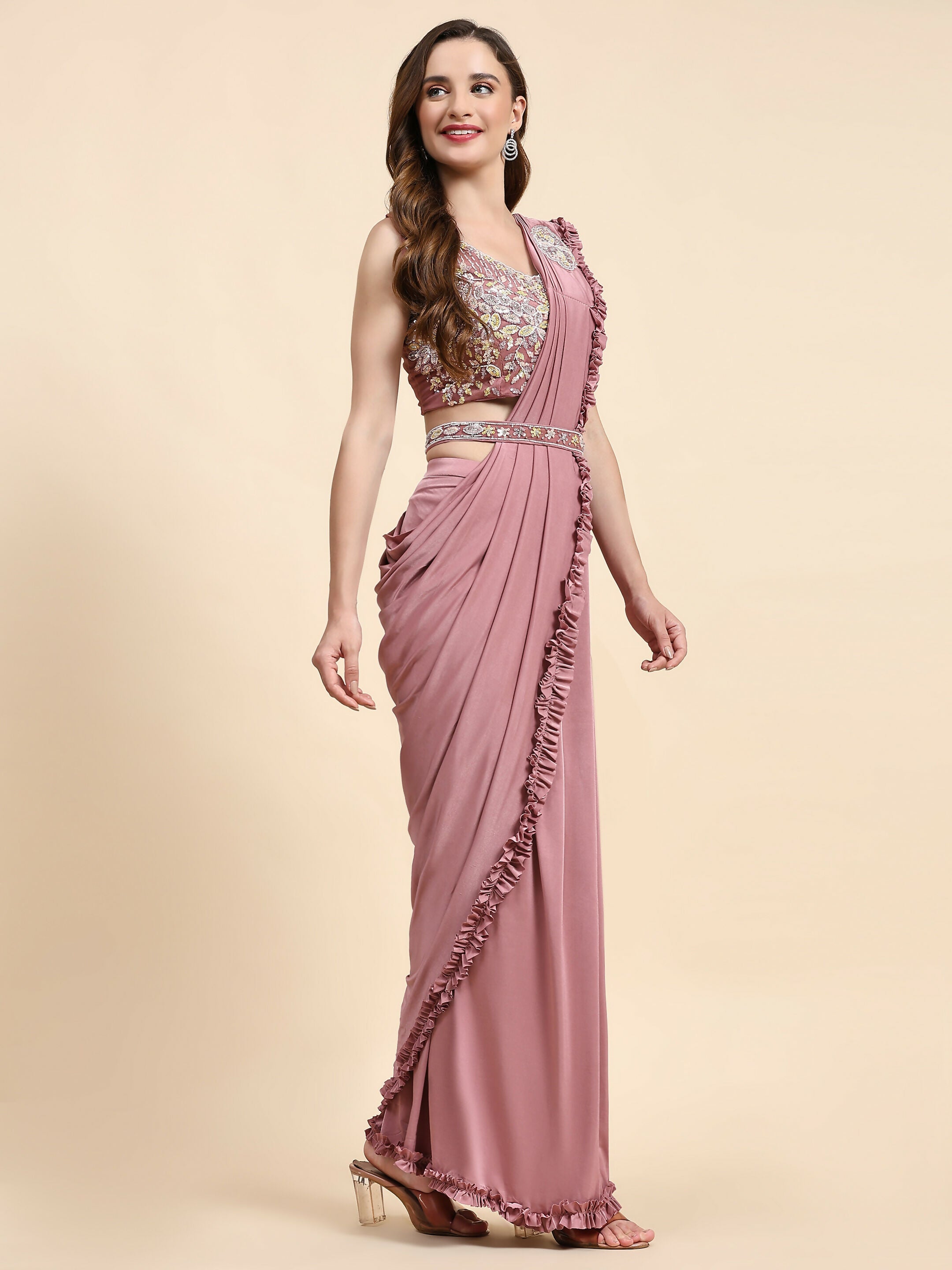 Pink Lycra Solid Ready to wear Saree with stitched Blouse - Vanita