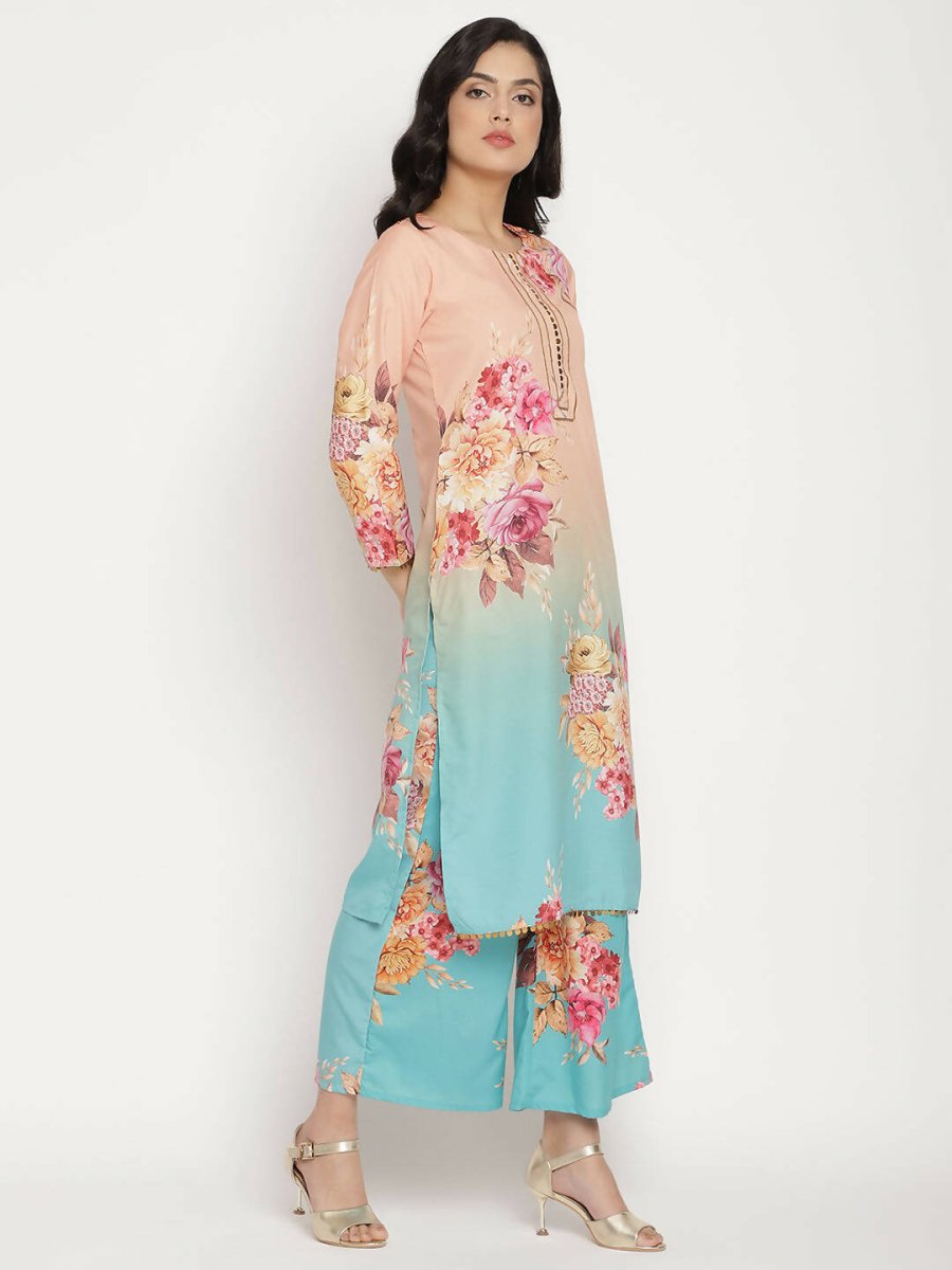 Ahalyaa Women Peach-Coloured Floral Printed Kurta Palazzo Set With Dupatta