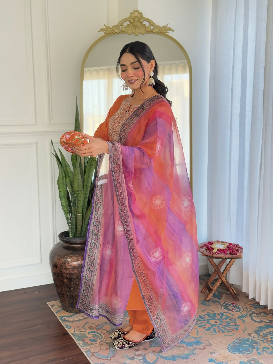 The52 Orange Women's Gorgeous Embroidered Rayon Fabric with Straight Kurta, Pant and Dupatta Set