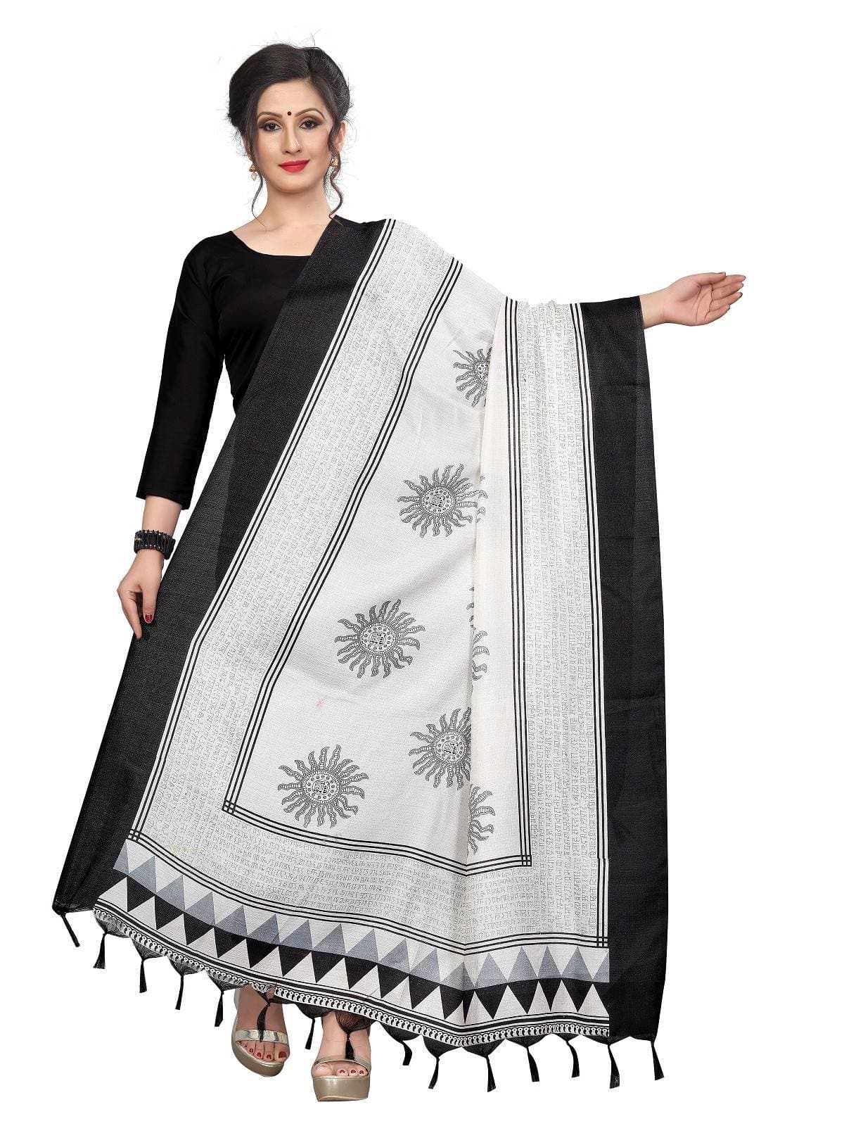 Vamika white and Black Printed Khadi Bhagalpuri Dupatta