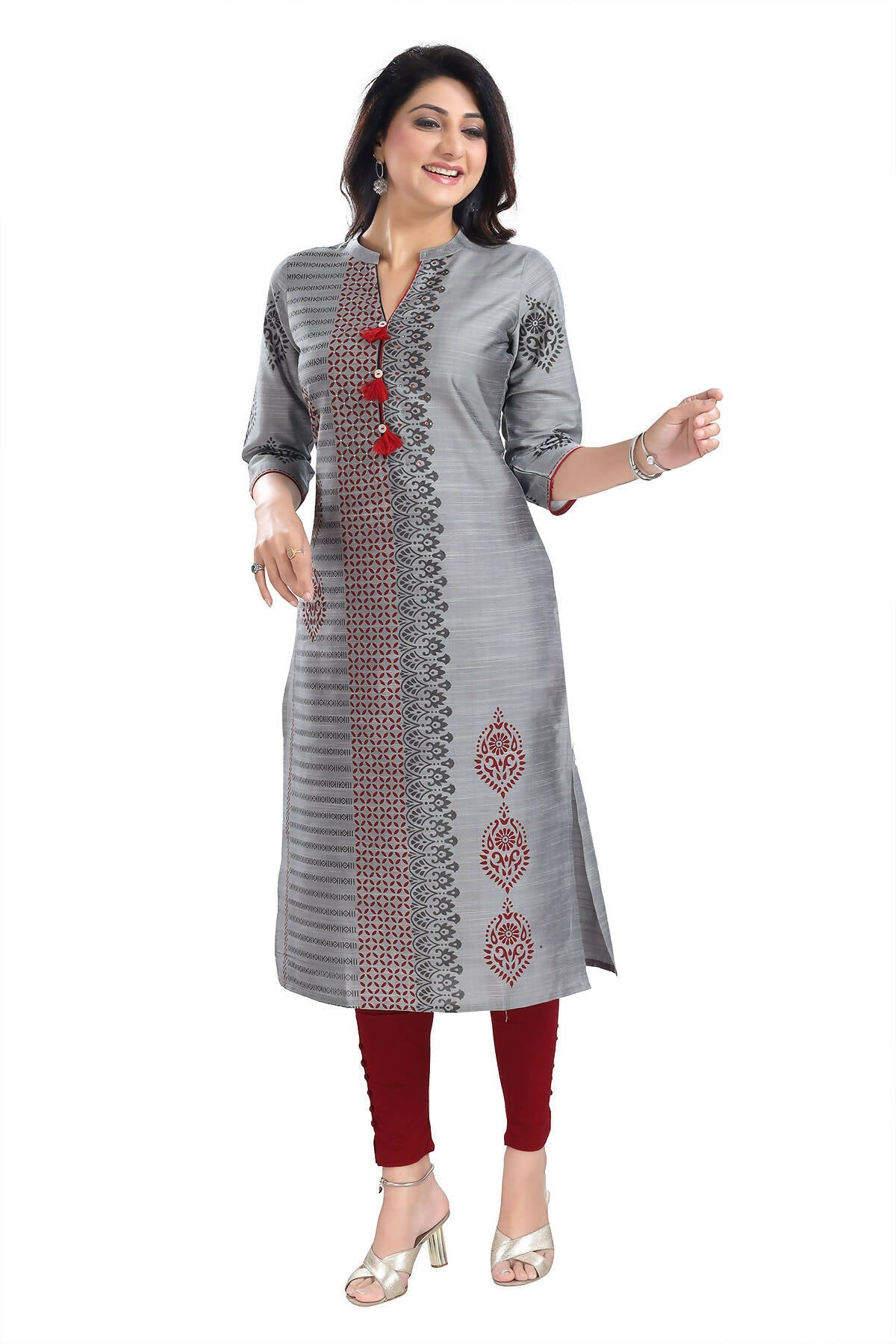 Snehal Creations Grey Raw Silk Block Print Long Kurta For Women