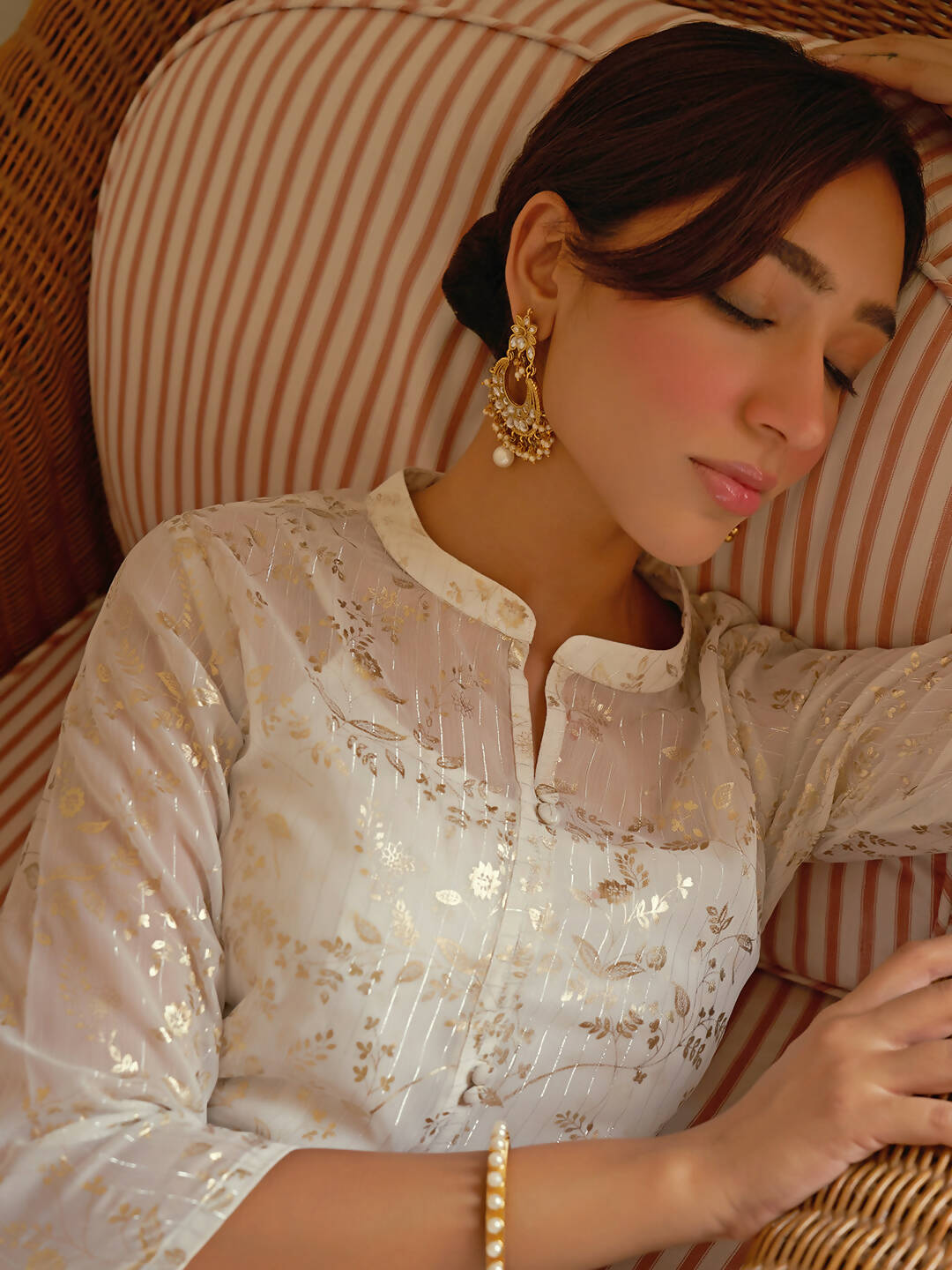 Janasya Women's White Chiffon Lurex Foil Printed Festive Flared Kurta Set