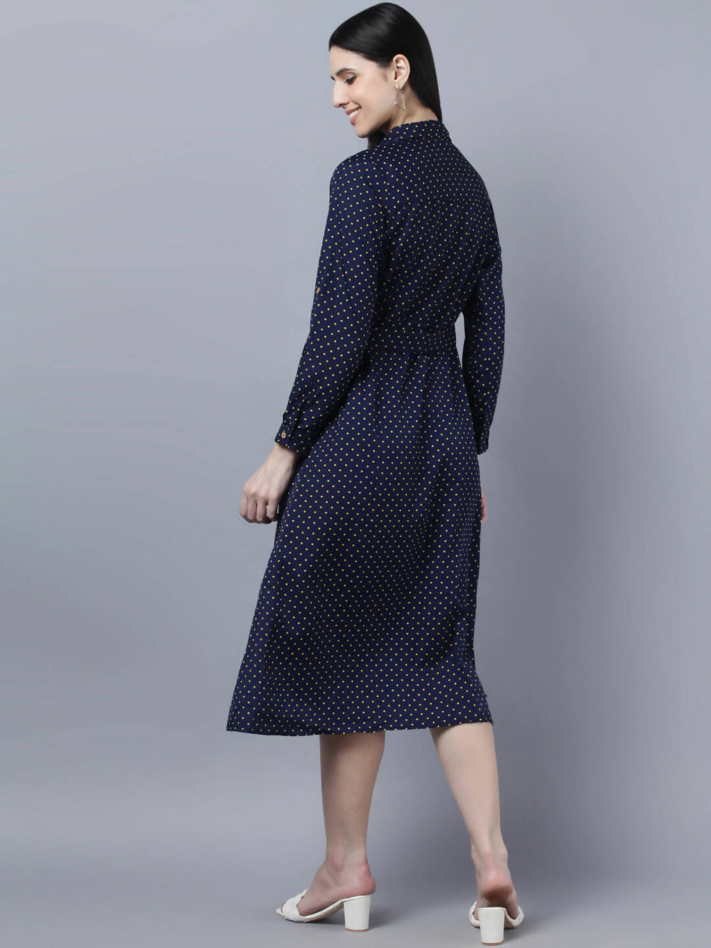 Myshka Women Navy Blue Yellow Printed Shirt Dress