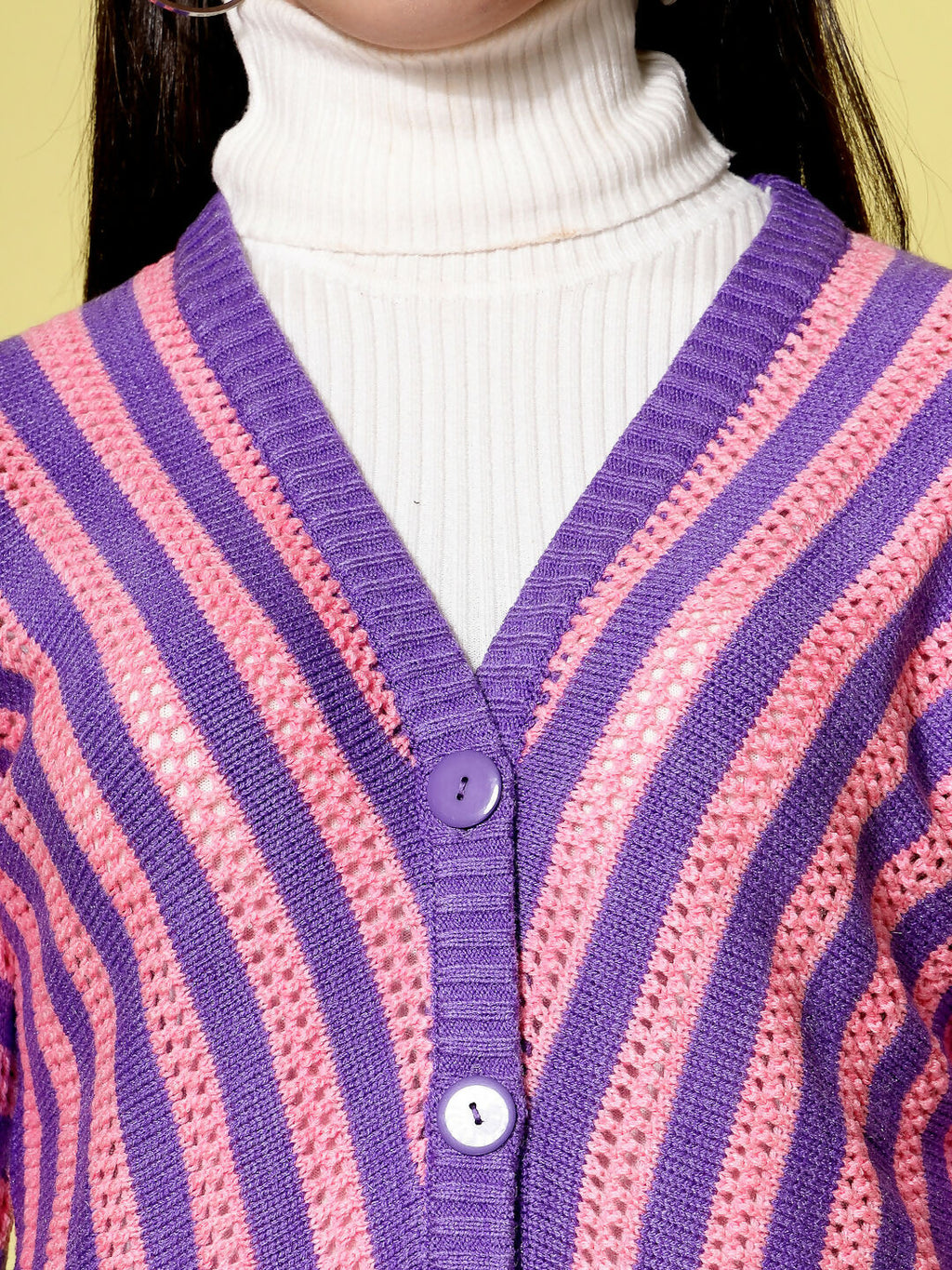 Women Violet Acrylic Stripe Cardigan - Wool Trees