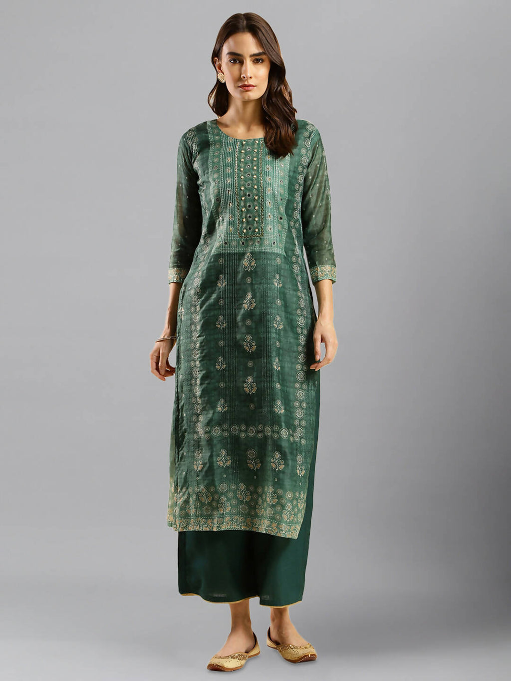 Sea Green Chinon Digital Printed With Hand Work Kurta - Himanshi