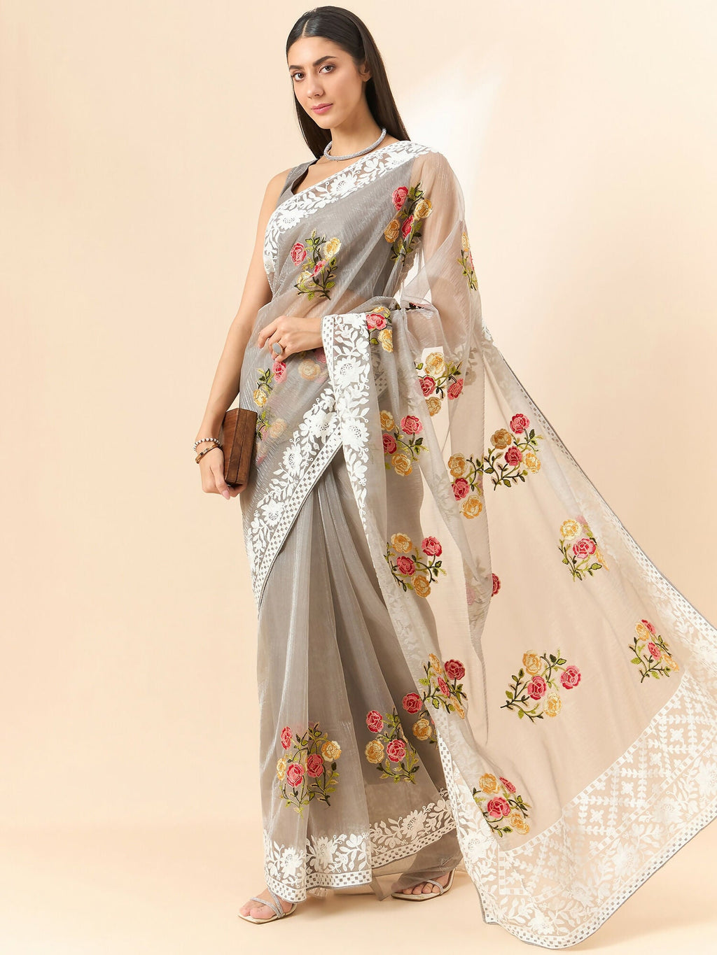 Grey Organza Floral Embroidered Saree with Unstitched Blouse Piece - Roozal