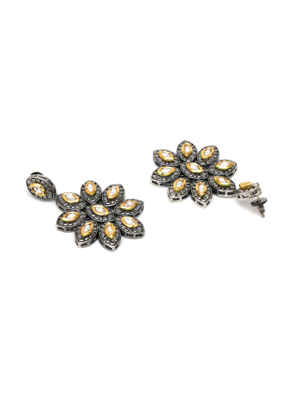 Dual Tone Kundan Flower Studs (silver) - Ruby Raang
