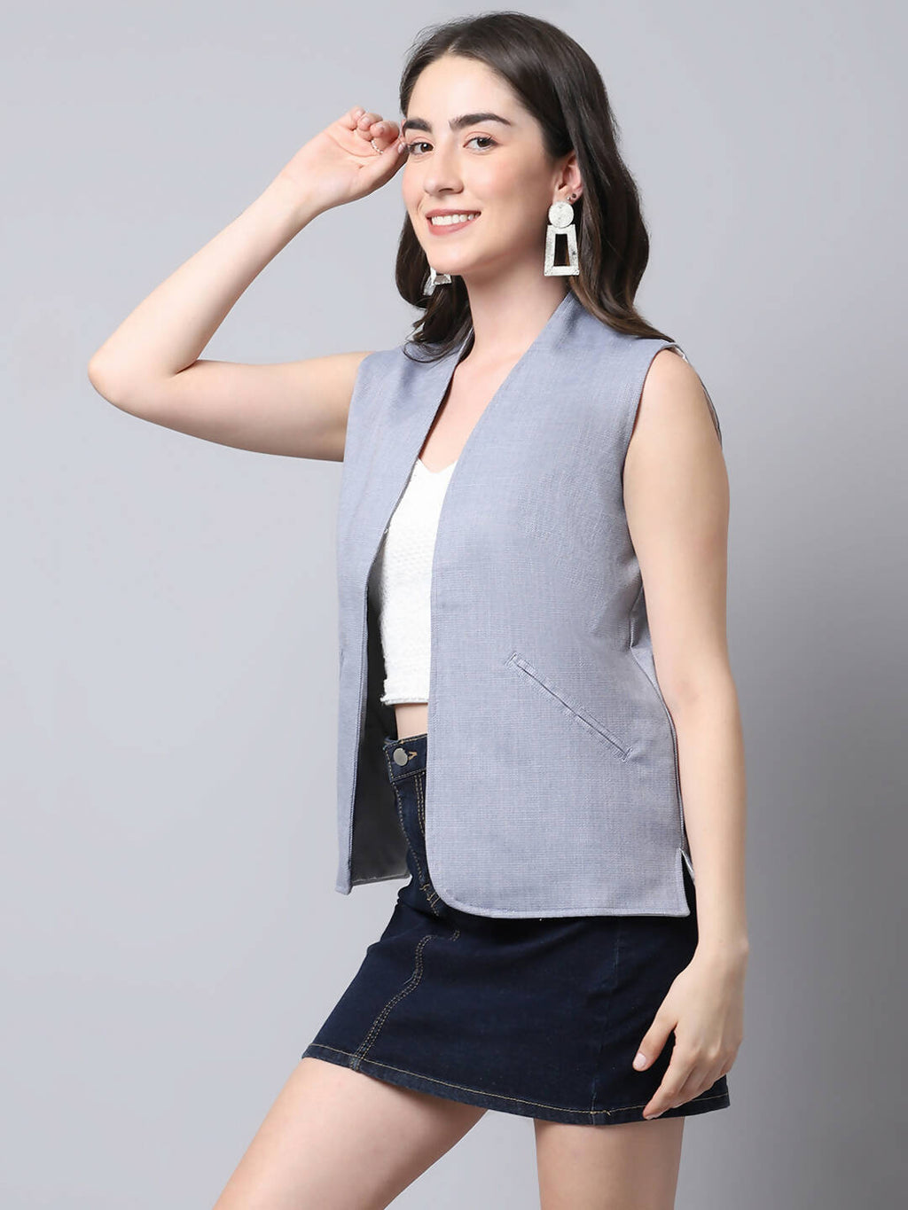 Even Apparels Grey Polyblend Open Front Women's Waistcoat