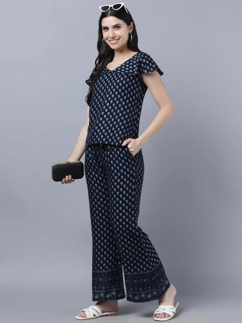 Myshka Women Navy Blue Ethnic Motifs Printed Pure Cotton Top with Palazzos