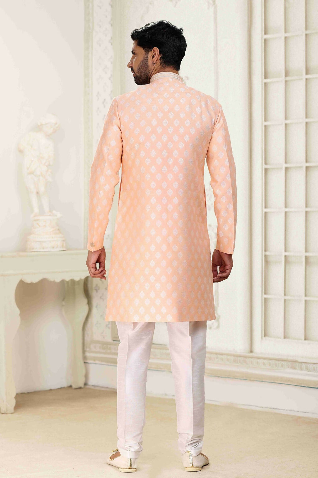 Raivat Ethnic Banarasi Jacquard Embroidery Semi Indo Western Sherwani In Peach Colour