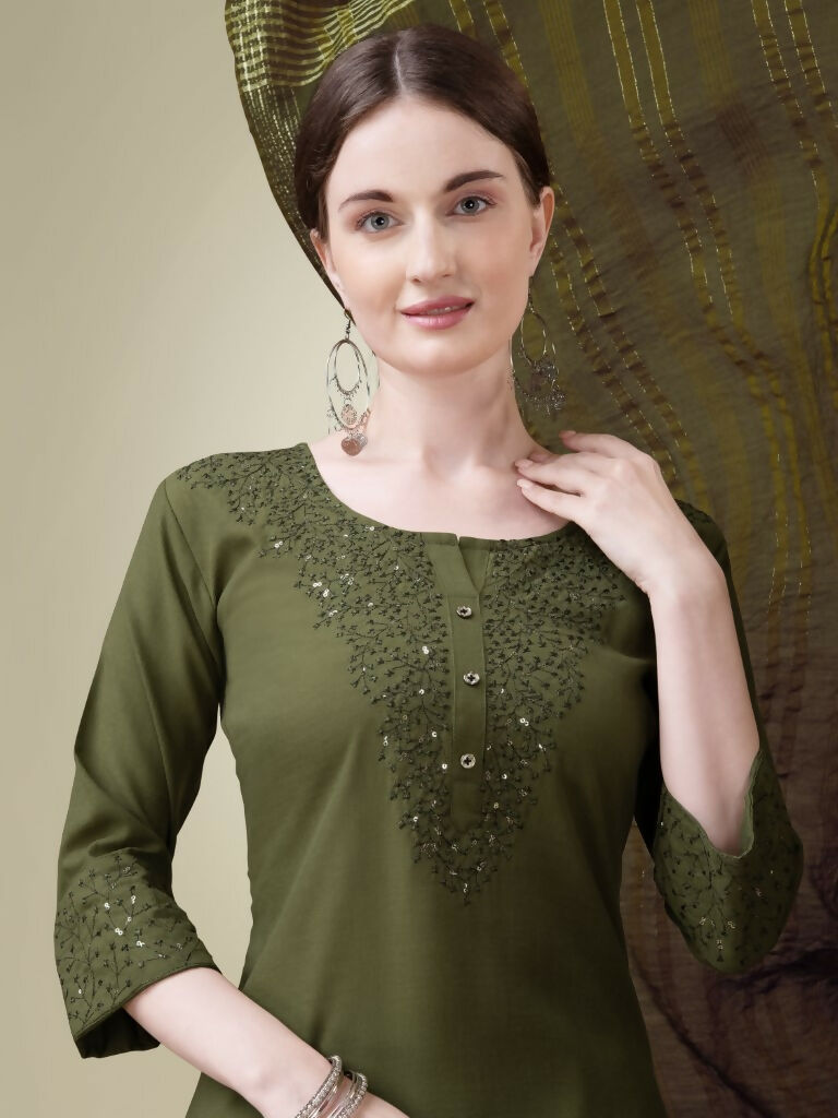 Jyoti Fashion Women's Mehendi Cotton Blend Embroidery & Sequence work Kurta with Trouser & Dupatta