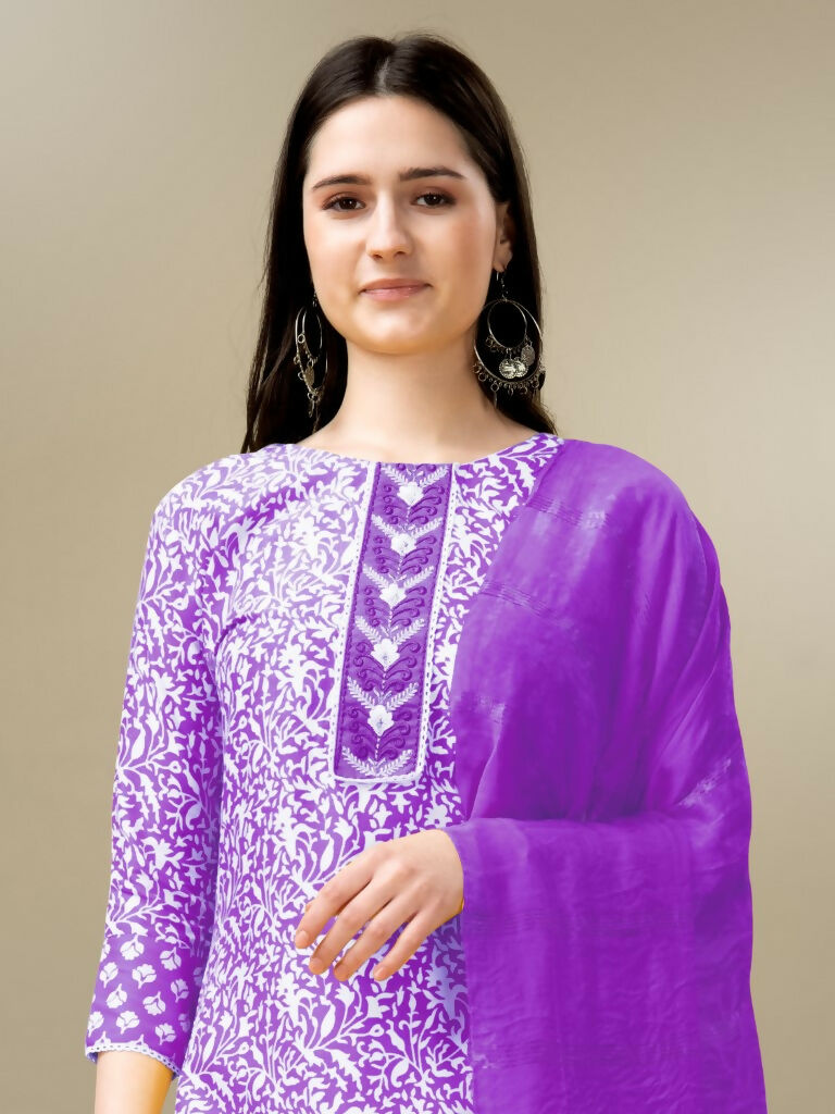Jyoti Fashion Women's Purple Rayon Embroidery & Sequence work Kurta with Trouser & Dupatta