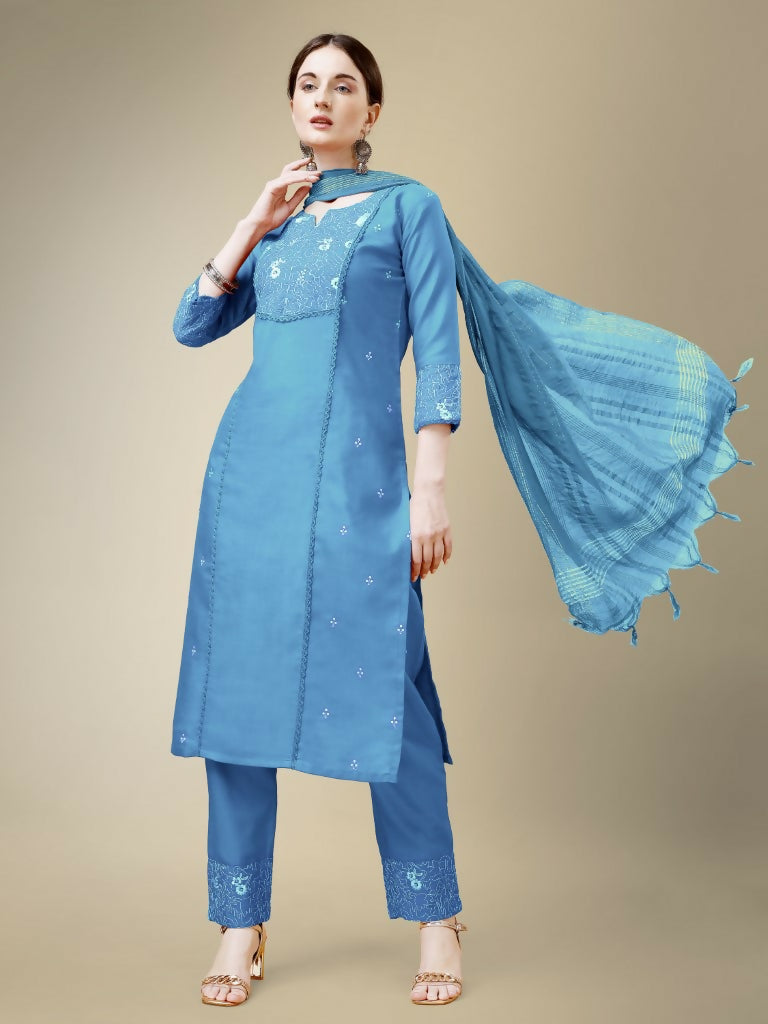 Jyoti Fashion Women's Sky Blue Cotton Blend Embroidery & Fancy Lace work Kurta with Trouser & Dupatta