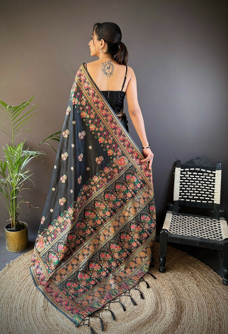 Joban Fashion Black Meena Weaves Pashmina Sarees