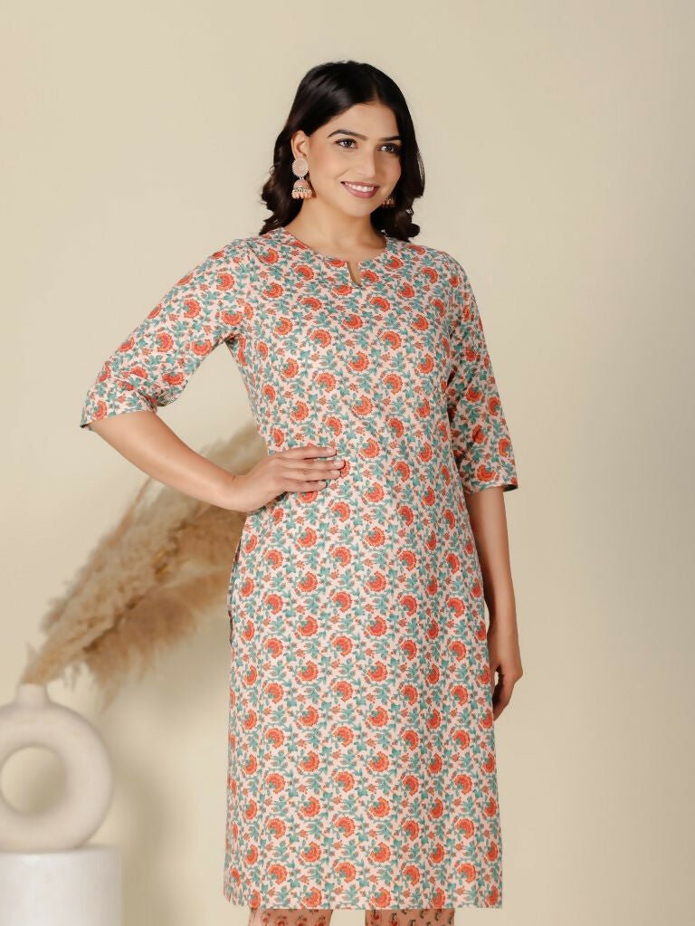 Aramya Orange Soft Cotton Floral Straight Kurta for Women