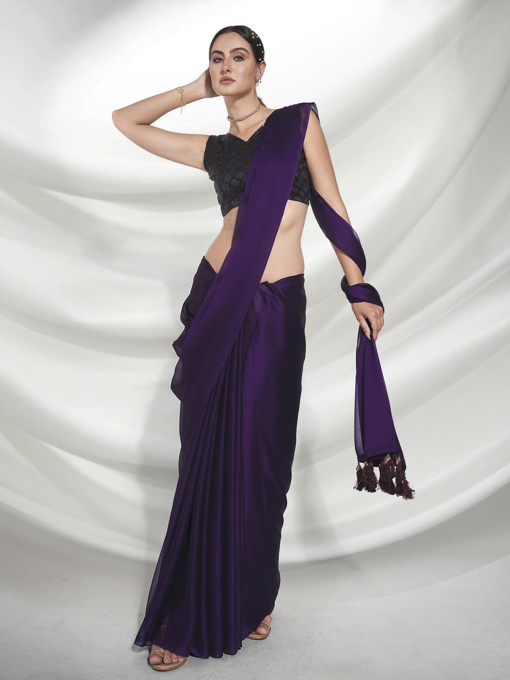 Purple Organza Solid Saree With Unstitched Blouse Piece - Shanaya