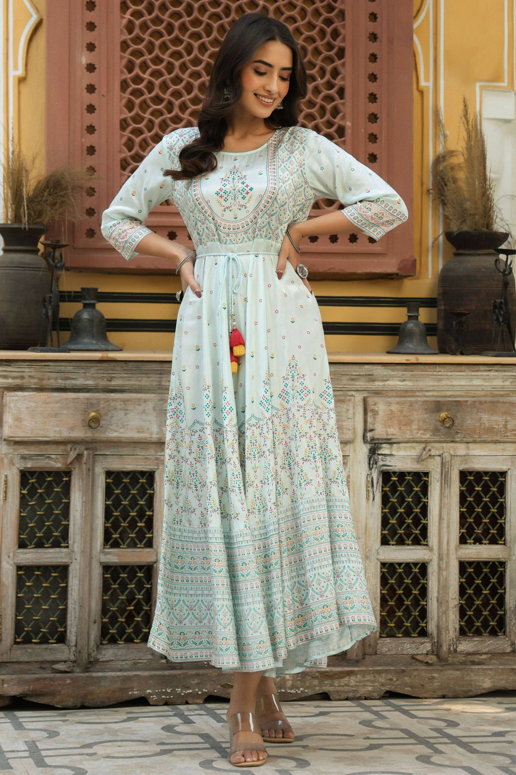Juniper Women's Skyblue Viscose Shantoon Festive Printed Flared Dress