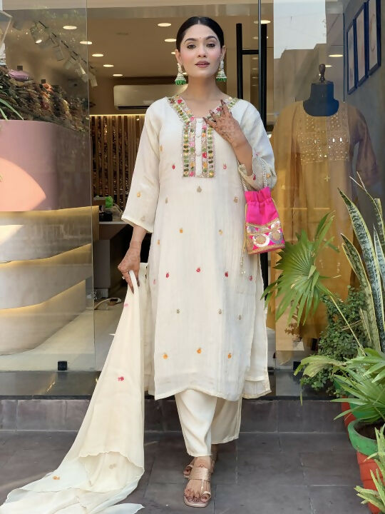 The52 Off White Women's Gorgeous Chinon Fabric Embroidered Work Straight Kurta Pant and Dupatta Set