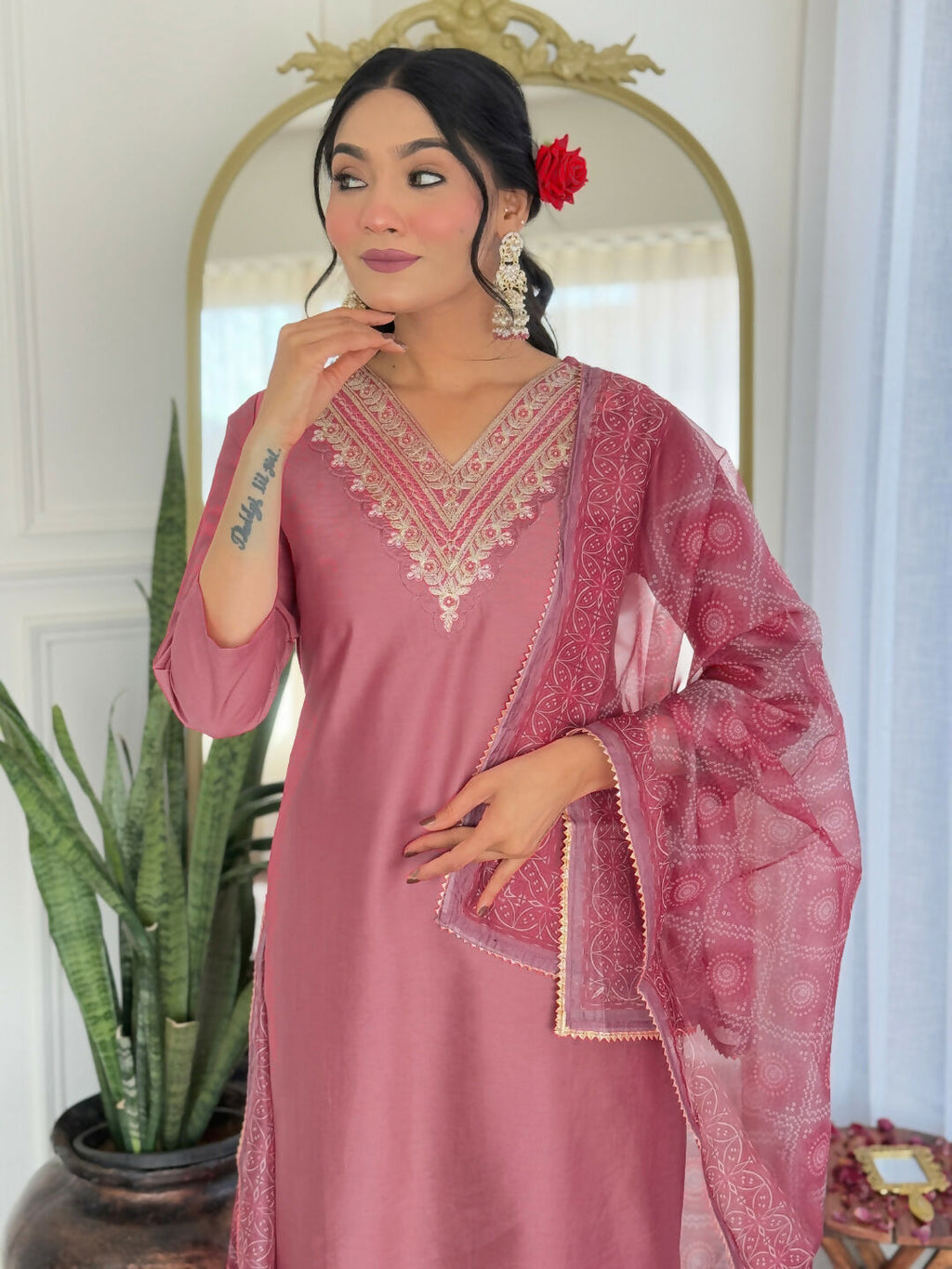 The52 Gajri Women's Beautiful Embroidered Rayon Fabric with Straight Kurta, Pant and Dupatta Set