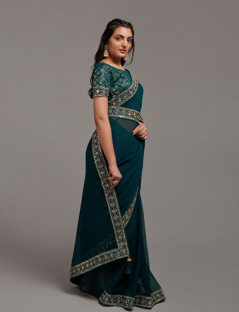 PR Fashion Petrol Zometo Embroidery Lace Saree
